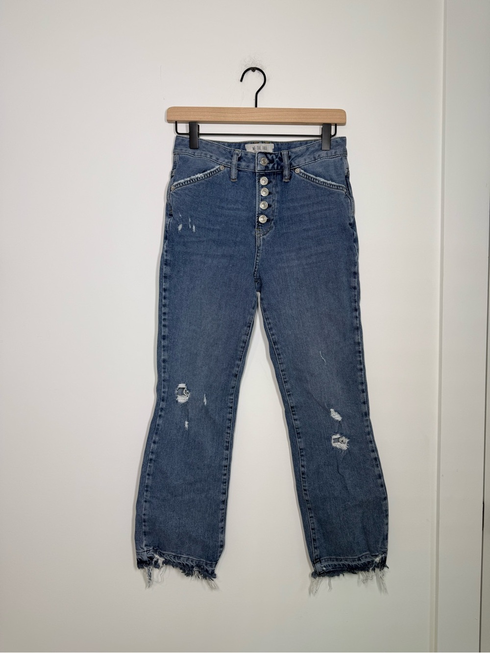Free People We The Free Button Fly Distressed Cropped Flare Jeans Size 26